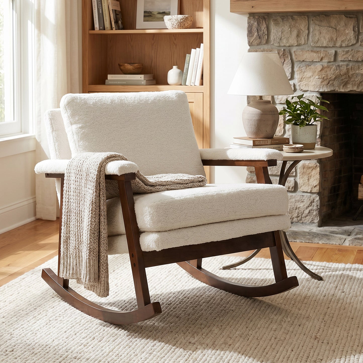Modern Upholstered Rocking Chair Set of 2 with Solid Wood Frame | Comfy Cotton Teddy Accent Chair for Living Room Bedroom, Ergonomic Glider Rocker for Small Spaces, Cream White