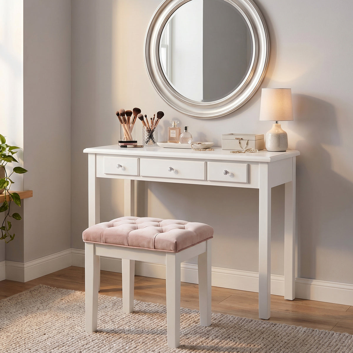 STHOUYN 35" Small White Writing Desk with Drawers, Wood Vanity Table No Mirror