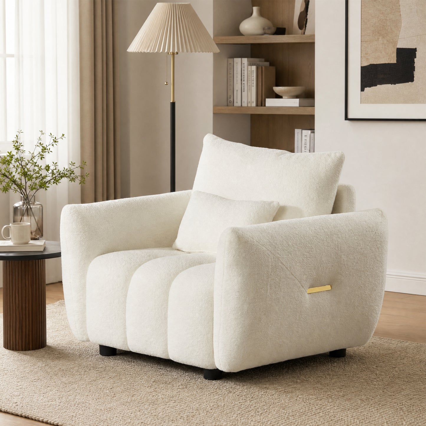 Modern Teddy Fabric Upholstered Cloud Accent Chair with Gold Detail | Living Room & Bedroom, Reading Chair, Apartment & Office Use, Comfortable Design, Teddy Fabric