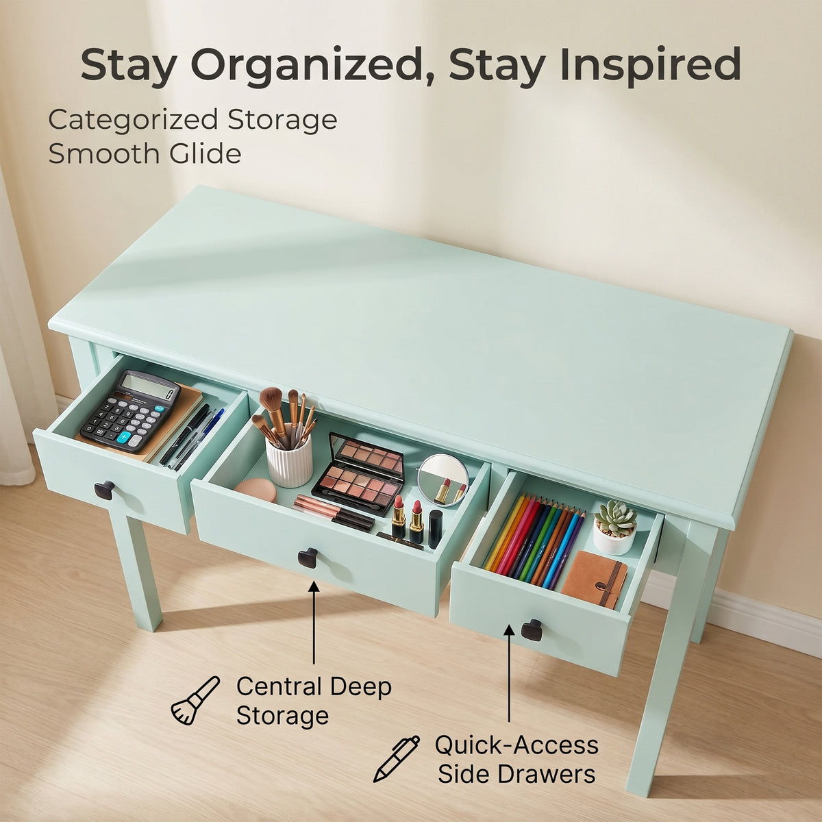 STHOUYN 35" Small Green Writing Desk with Drawers, Wood Vanity Table No Mirror