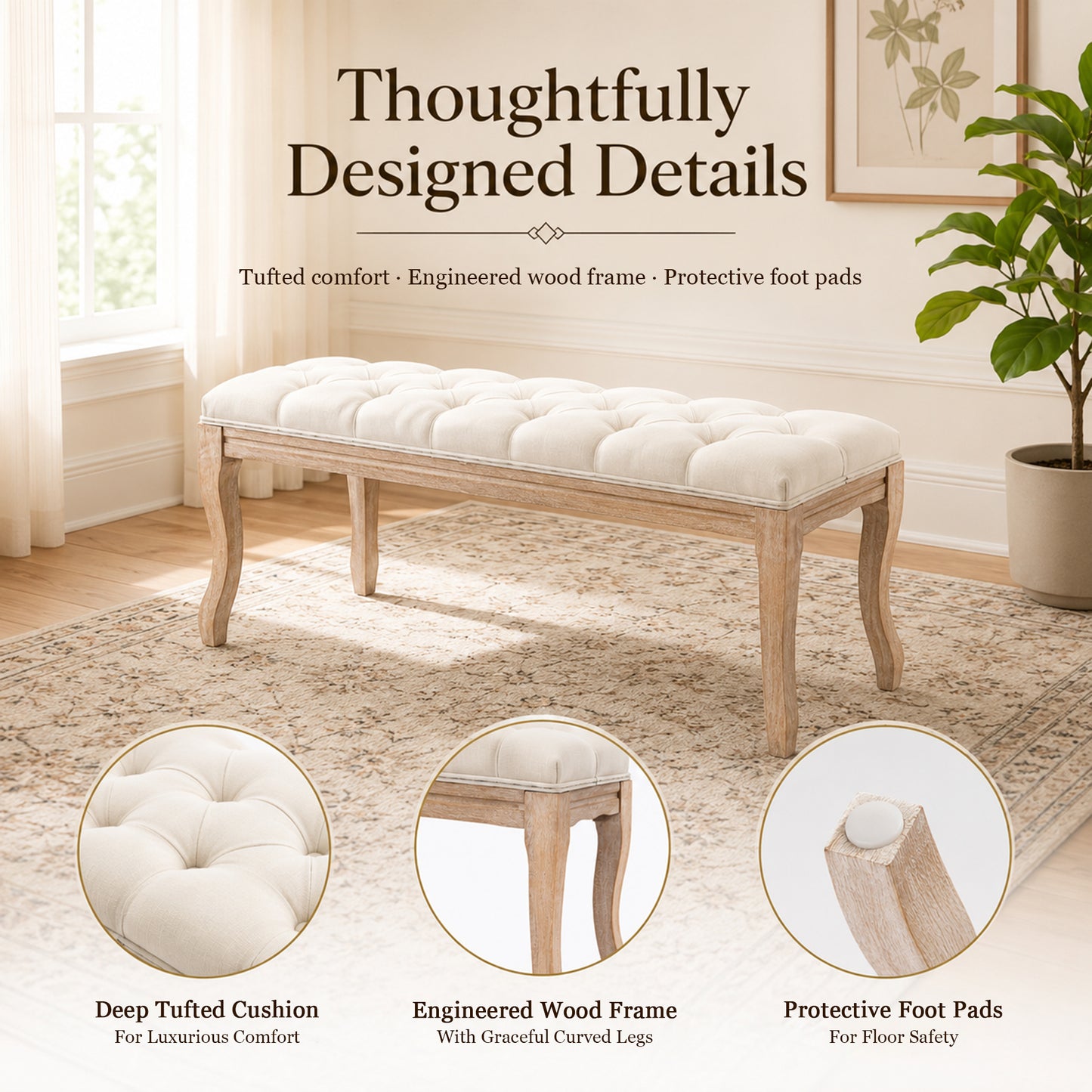 STHOUYN 43" Tufted Linen Dining Bench, Upholstered, Wood Cabriole Legs, Ivory