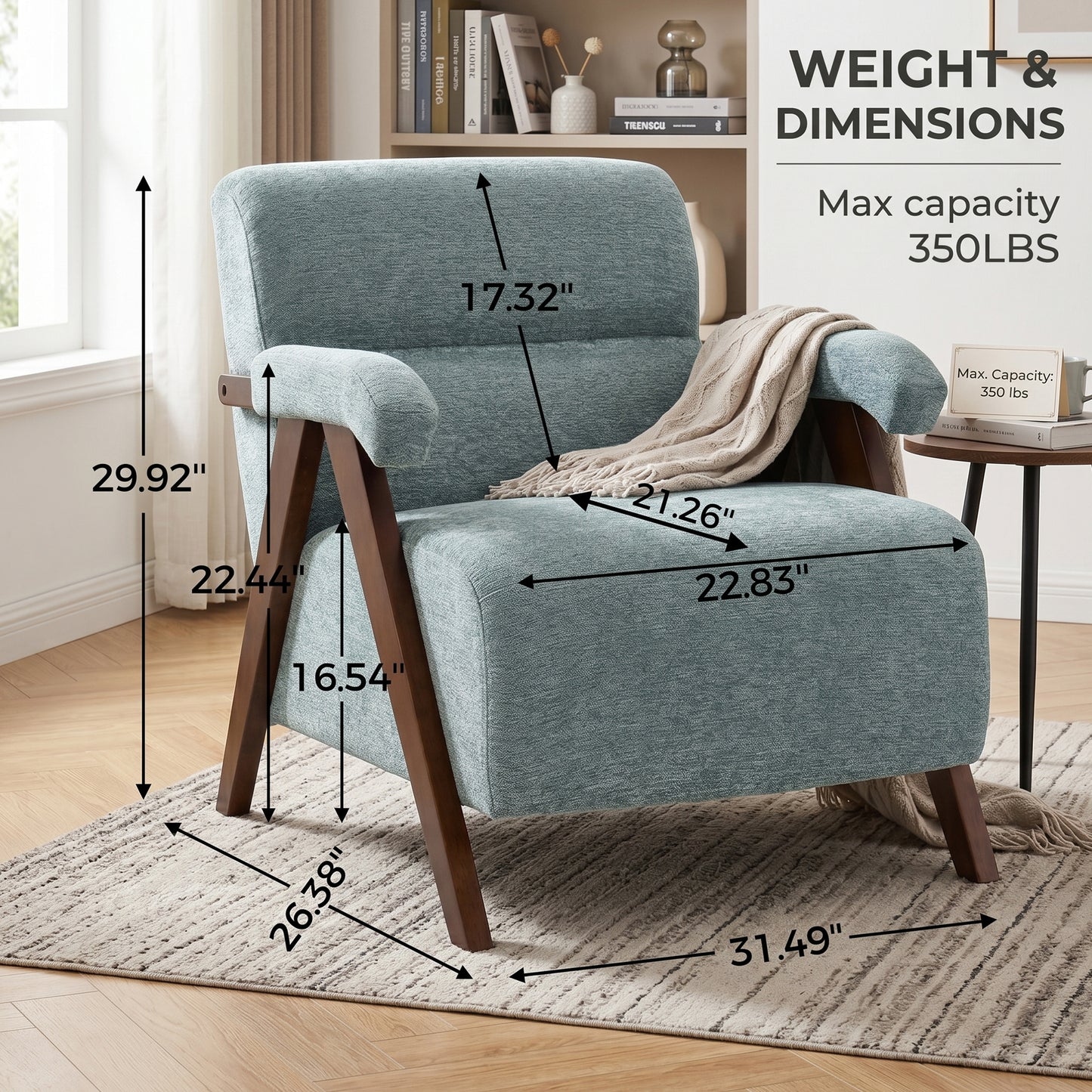 Mid Century Modern Accent Chair with Wood Armrests & Thick Cushion | Ergonomic Backrest, Upholstered Lounge Chair, Living Room & Bedroom, Office & Waiting Room, Comfy Reading Chair