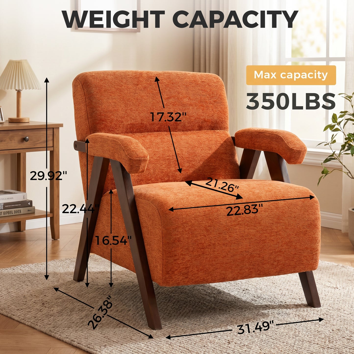 Mid Century Modern Accent Chair with Wood Armrests & Thick Cushion | Ergonomic Backrest, Upholstered Lounge Chair, Living Room & Bedroom, Office & Waiting Room, Comfy Reading Chair
