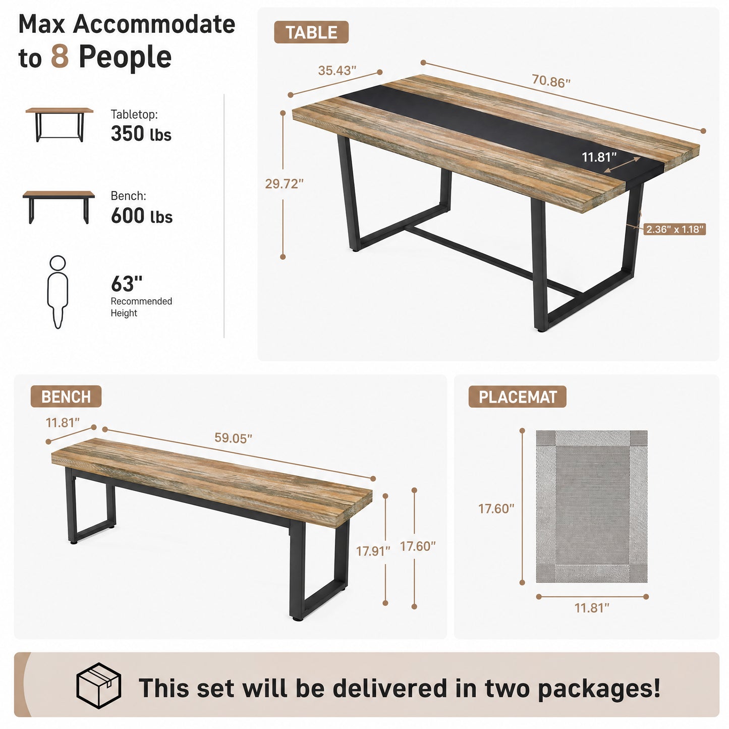 STHOUYN 71" Dining Table Set with Bench for 6, Rectangular Kitchen Table, Farmhouse 3 Piece Dining Room Table Set, Sturdy Easy Clean Scratch Resistant Frame for Family and Office Use, Brown