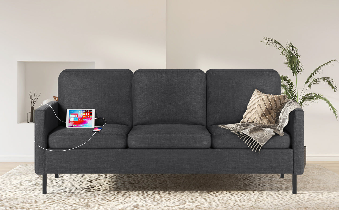 STHOUYN 72" W 3 Seater Couch with 2 USB, Comfy Grey Couch with 2 Pockets, Living Room Sofas with Reinforced Steel Frame, Cheap Sofas for Small Spaces, Dorm, Bedroom