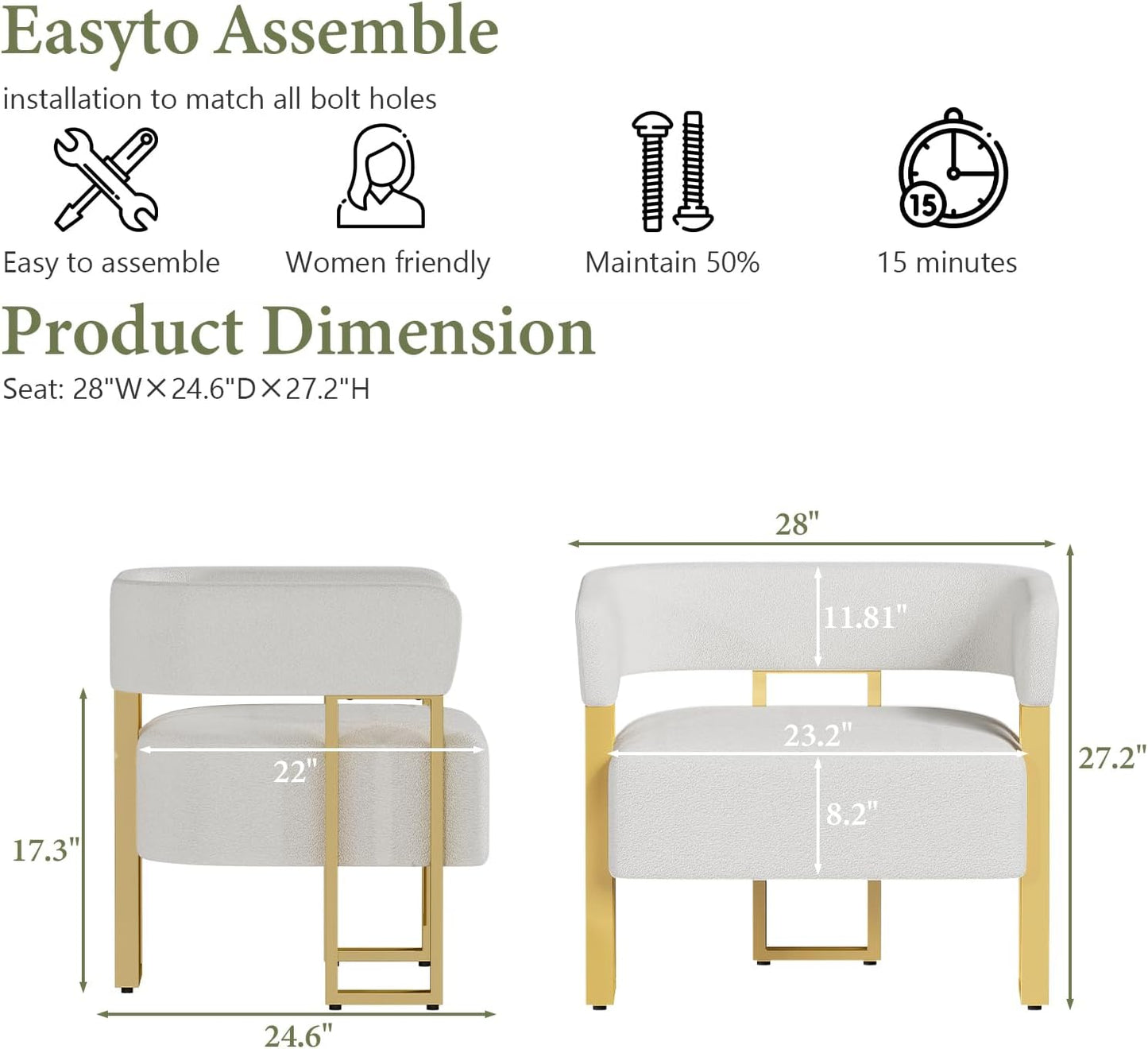 STHOUYN Modern Accent Chair Set of 2, Barrel Chairs, White Arm Chairs Living Room | STHOUYN Bedroom Side Chairs, Boucle Upholstery, Curved Bucket Design, Gold-Tone Base, Armchairs, Small Space Seating