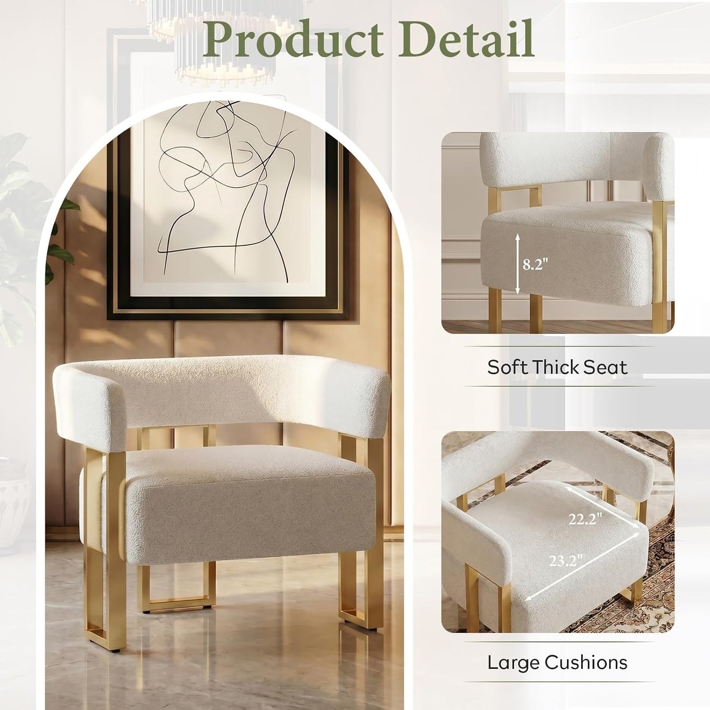 STHOUYN Modern Accent Chair, Barrel Chairs, Arm Chairs for Living Room (1, White) | STHOUYN Bedroom Side Chairs, Boucle Upholstery, Curved Bucket Design, Gold-Tone Base, Armchairs, Small Space Seating
