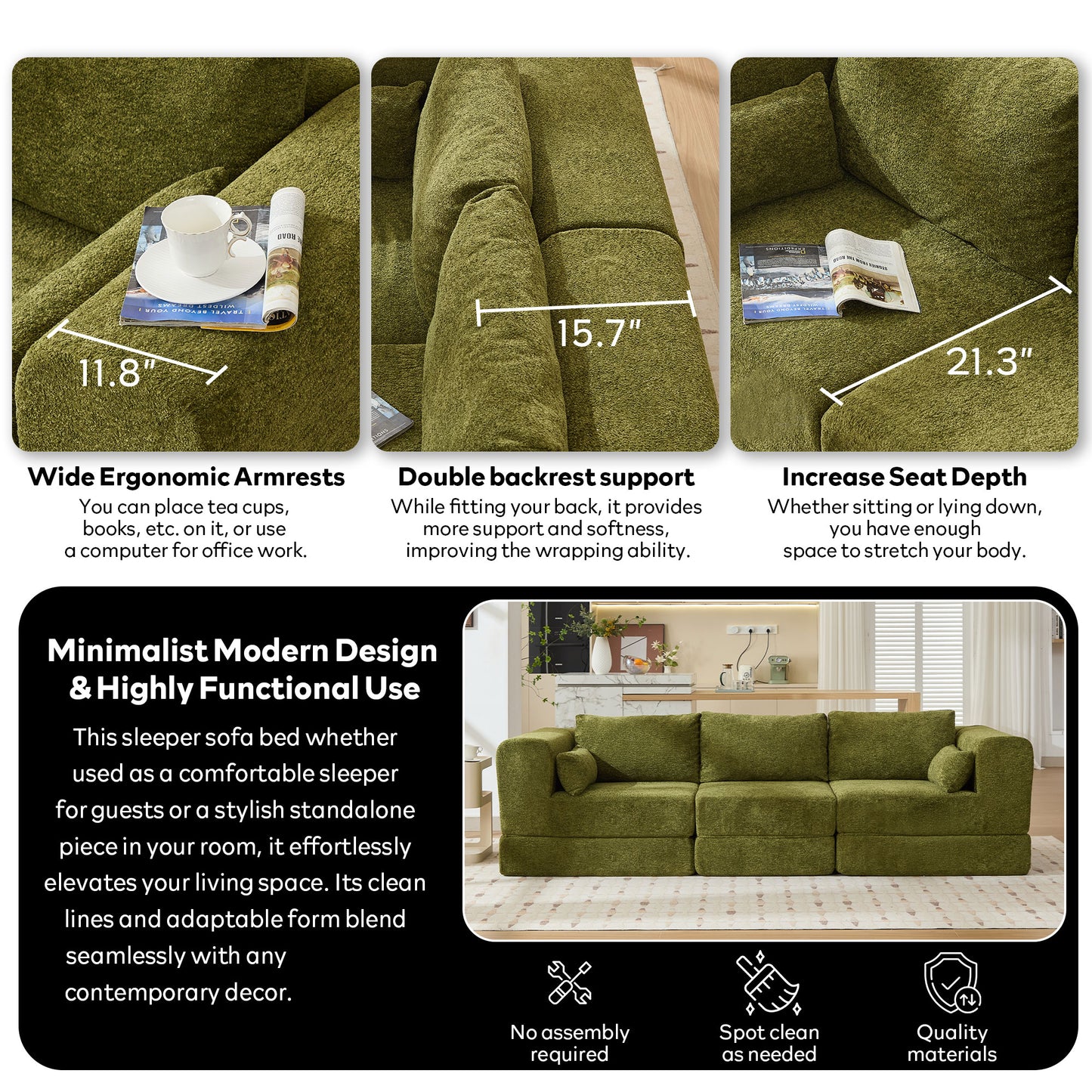STHOUYN 106" Chenille Folding Convertible Sleeper Sofa Bed, Green Pull Out Floor Modular Couch with Pillow, Memory Foam Boneless Couchs Sectional for Living Room Bedroom (3, Green)