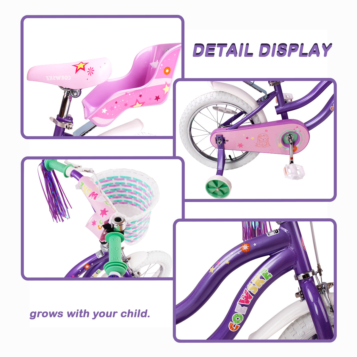 COEWSKE Kid's Bike Steel Frame Children Bicycle Little Princess Style 16 Inch with Training Wheel, Purple