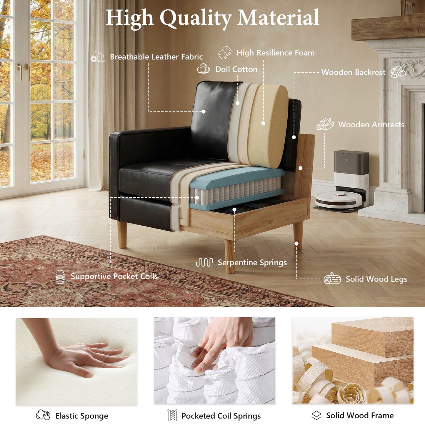 STHOUYN Comfy Reading Accent Chair for Living Room, Black Leather Oversized Accent Lobby Chairs, Office Waiting Room Chairs with Arms, Club Chairs (Black, 1PC)