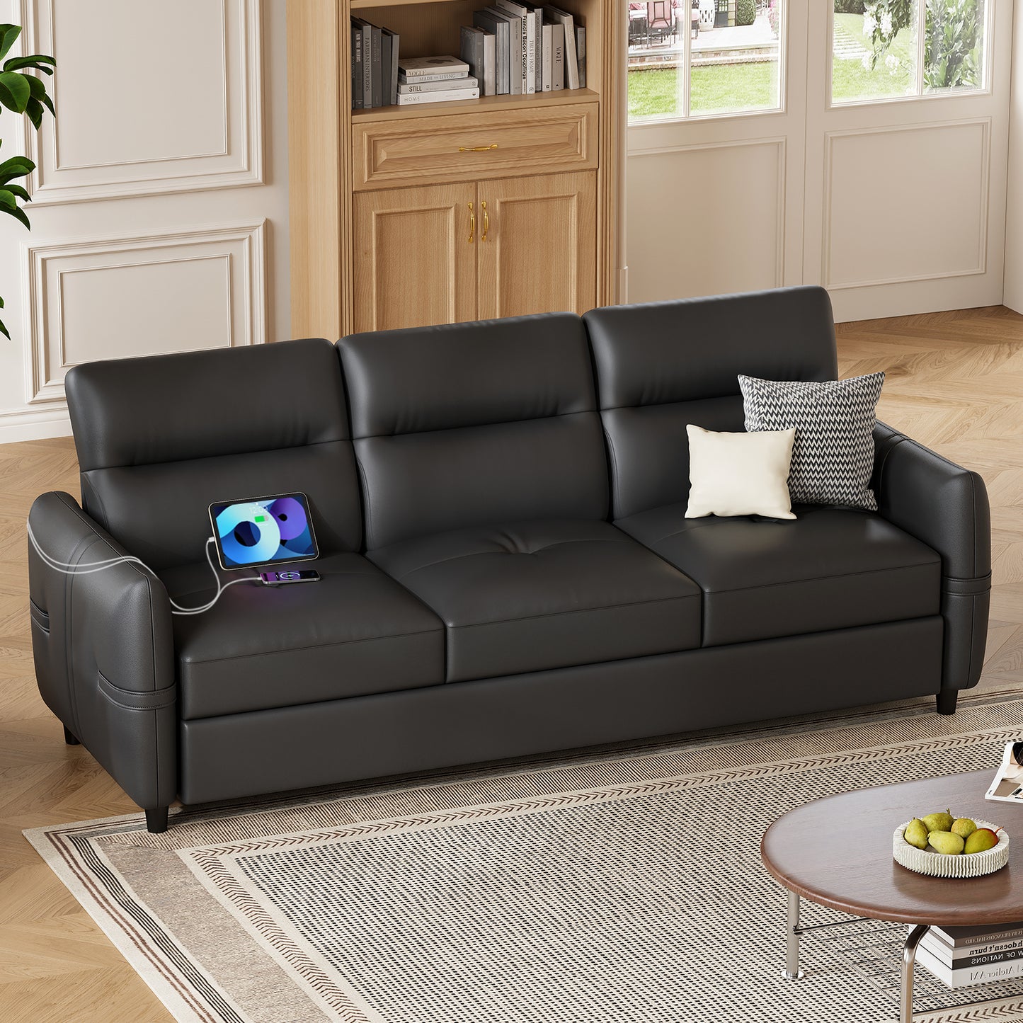 STHOUYN 85” Black Leather Couch w/Chairs, Comfy Leather Couch w/USB Charge, 2 Pieces Furniture Sets for Living Room, Apartment, Office