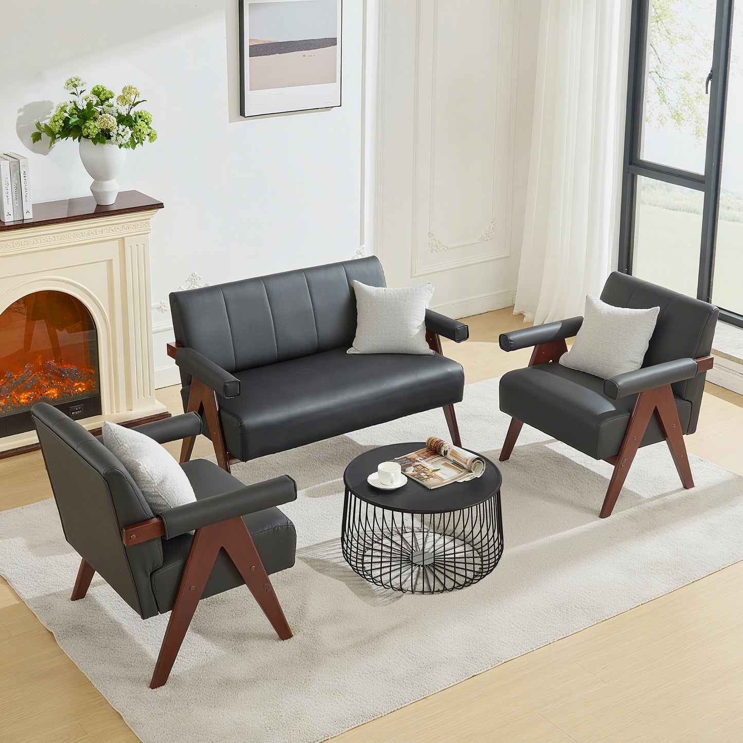 STHOUYN 50" Black Leather Sofa, Small Comfy Office Loveseat Couch with Back, Mid Century Modern Wooden Love Seat Bench Waiting Room Furniture Couches for Living Room, Bedroom
