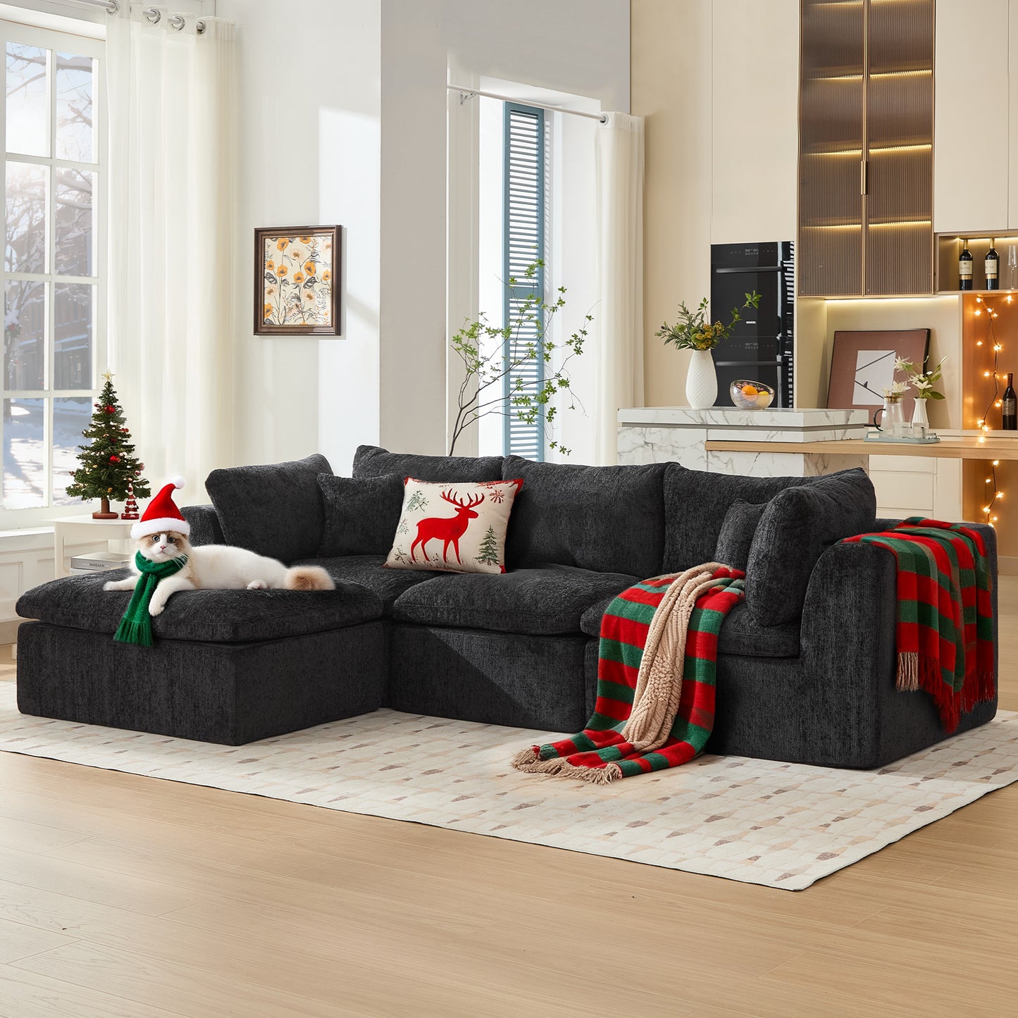 STHOUYN 113” Modern Black Boneless Sectional Couches for Living Room, Black Modular L Shape Cloud Sofa Couch with Ottoman, Comfy Big Oversized Corner Couch (Black, 3 Seater + 1 Ottoman)