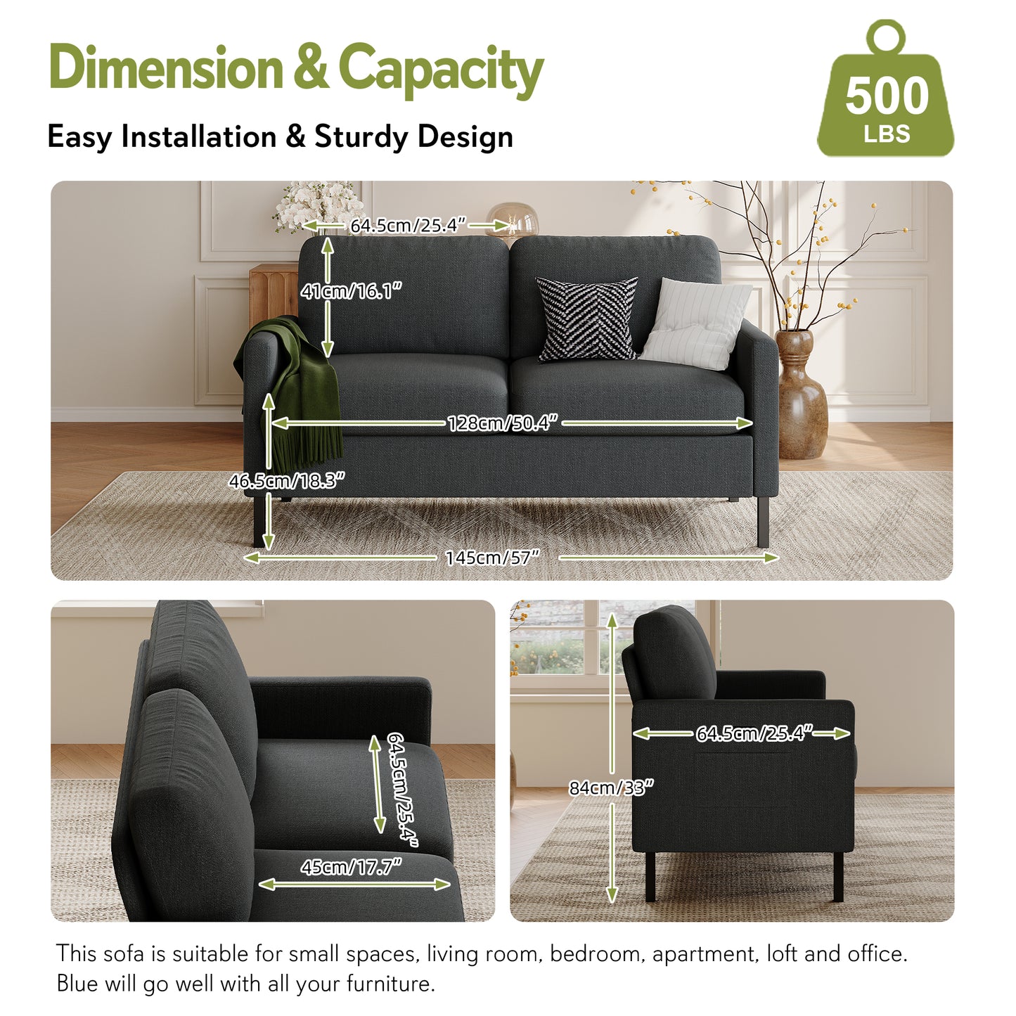 STHOUYN Modern 2-Piece Living Room Set, 56" Grey Sofa Loveseat with USB Ports, Small Couch and Chair Set for Small Space, Apartment, Office (Grey, 1 Chair + 1 Loveseat)