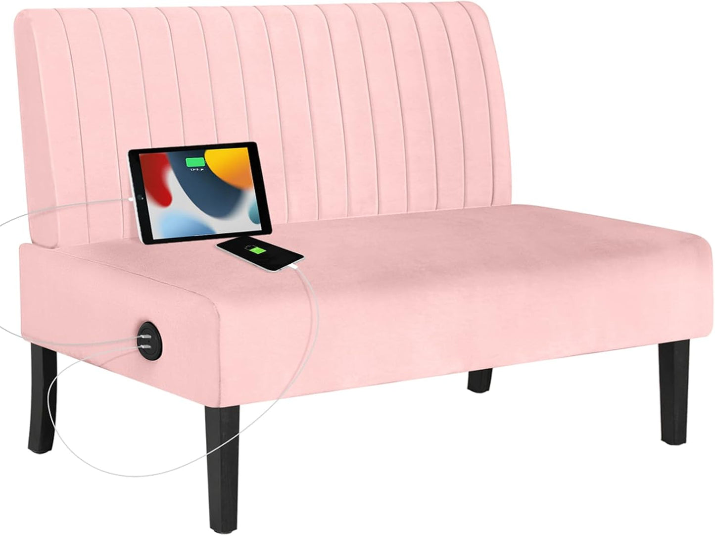 STHOUYN Mini Small Comfy Couch Armless Loveseat Sofa for Bedroom with USB Port, Velvet Small Couches for Small Spaces Living Room, Apartment Office Dorm (Pink)