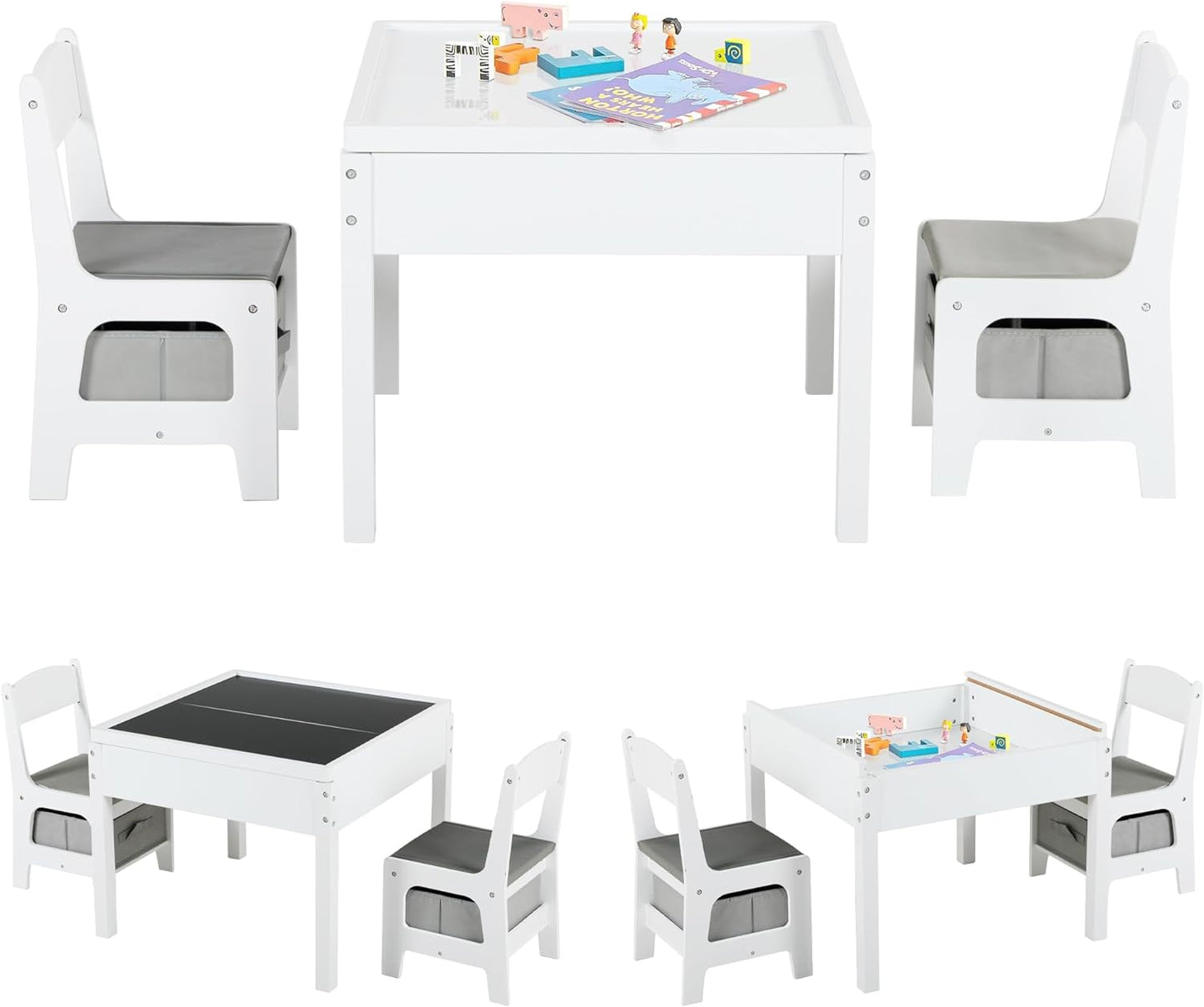 Coewske Kids Table & Chair Set 4 in 1 Wooden Activity Table w/ Storage Drawers Detachable Blackboard
