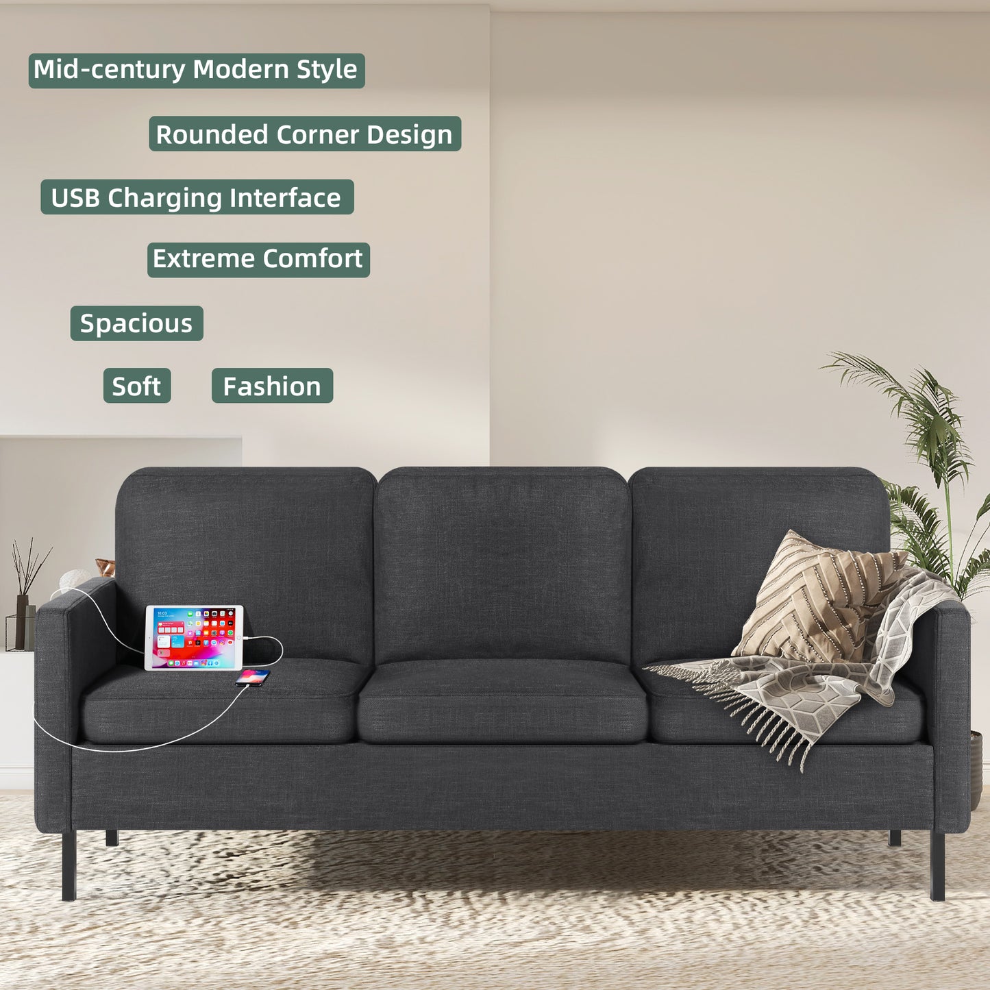 STHOUYN 72" W 3 Seater Couch with 2 USB, Comfy Grey Couch with 2 Pockets, Living Room Sofas with Reinforced Steel Frame, Cheap Sofas for Small Spaces, Dorm, Bedroom