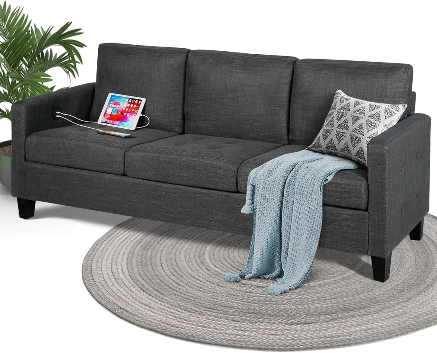 STHOUYN 72" W 3 Seater Couch with USB Ports, Grey Comfy Sofa Couches for Small Spaces, Mid Century Modern Couch Loveseat for Living Room, Bedroom, Apartment (Dark Grey)