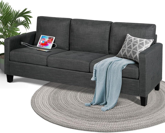 STHOUYN 72" W 3 Seater Couch with USB Ports, Grey Comfy Sofa Couches for Small Spaces, Mid Century Modern Couch Loveseat for Living Room, Bedroom, Apartment (Dark Grey)