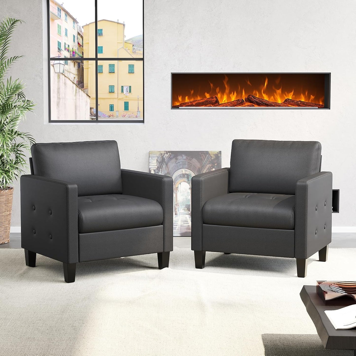 STHOUYN Accent Chairs Set of 2, Black Faux Leather Chair, Mid-Century Modern Living Room Chairs, Cozy Office Reading Chair with Tufted Seat and Armrest, Armchairs for Bedroom, Waiting Room (2)