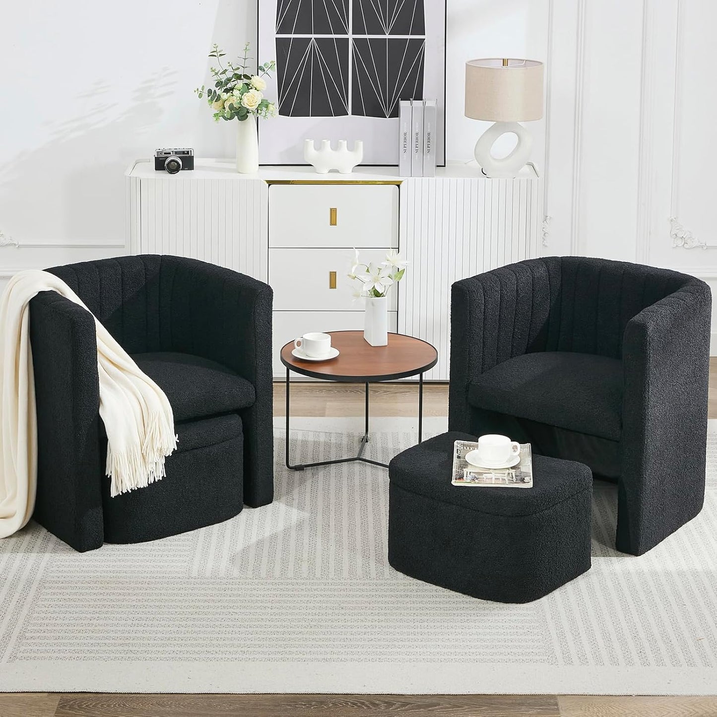 STHOUYN Barrel Accent Chair with Storage Ottoman, Comfy Reading Chair with Ottoman, Bedroom Corner Chair Bucket Arm Chairs, Living Room Chairs (2, Black)