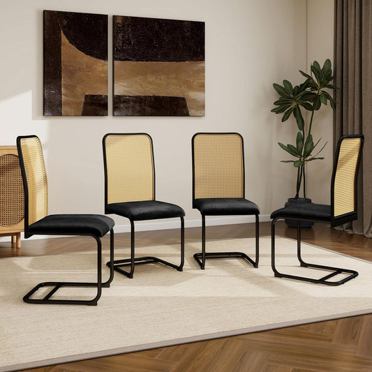 STHOUYN Velvet Rattan Dining Chairs Set of 4, Mid Century Modern Dining Chairs Set of 4, Black Kitchen Chairs Dining Room Chair with Metal Legs & Cane Back