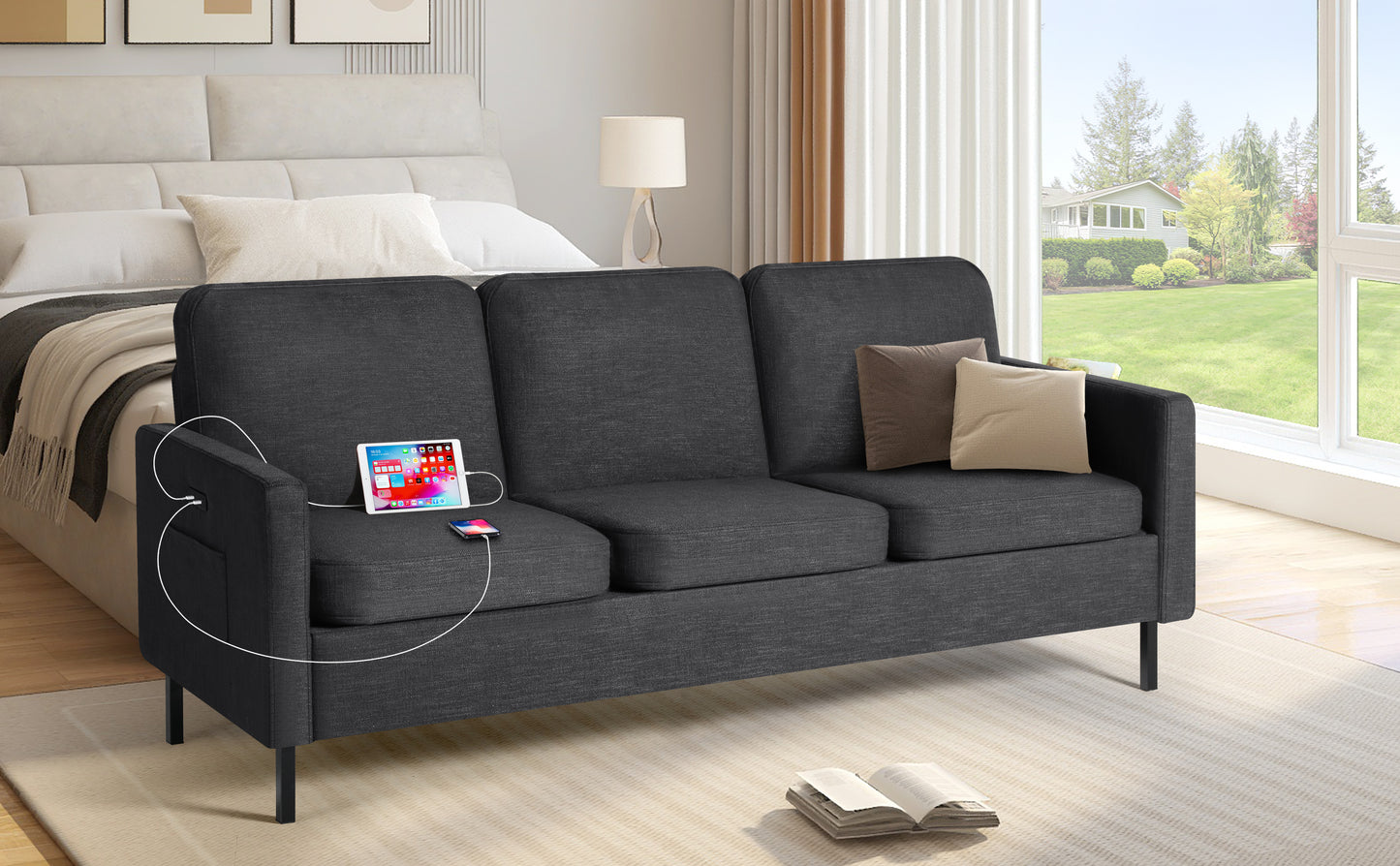 STHOUYN 72" W 3 Seater Couch with 2 USB, Comfy Grey Couch with 2 Pockets, Living Room Sofas with Reinforced Steel Frame, Cheap Sofas for Small Spaces, Dorm, Bedroom