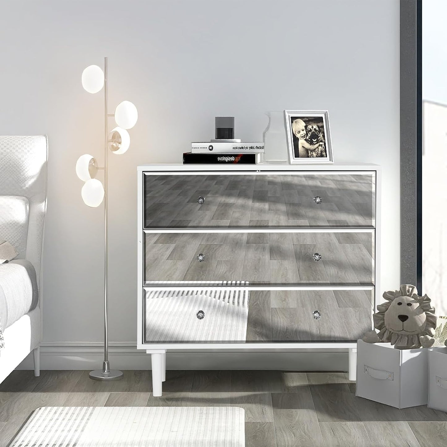 STHOUYN 3 Chest of Drawers for Bedroom Wood, White Mirrored Dresser 3 Drawer for Bedroom, Small Modern Dresser for Closet Living Room (White)