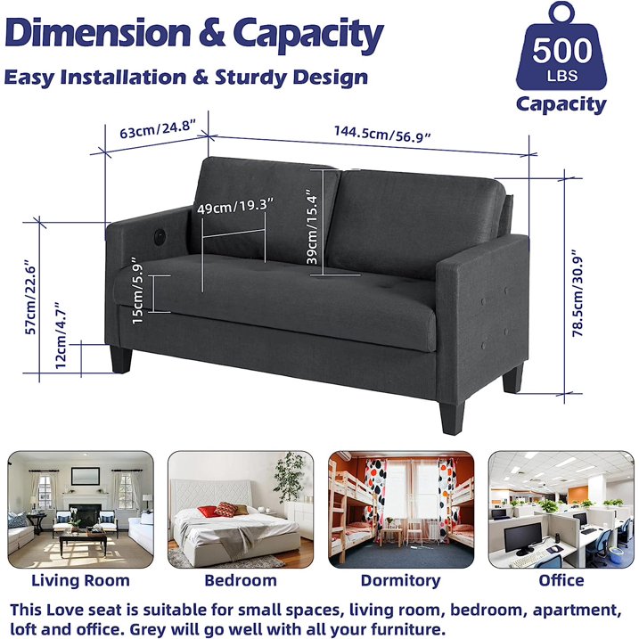 Coewske 57"W Comfy Loveseat Sofa with USB 2 Seater Tufted Deep Love Seat Couches, Dark Grey