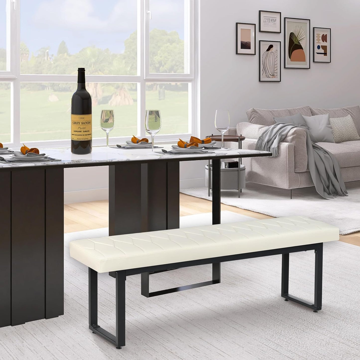 STHOUYN 58” Padded Dining Table Bench Pair of 2 for 6-8 Person, Faux Leather Indoor Cushioned Bench, Extra Long Bench for Dining Room Table, Bedside Bench, Shoe Bench, Entryway Bench (White, 58")