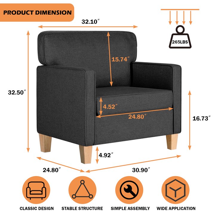 Coewske Comfy Accent Chair with Arms, Oversized Armchair Reading Chairs Single Sofa for Bedroom Living Room, Dark Grey