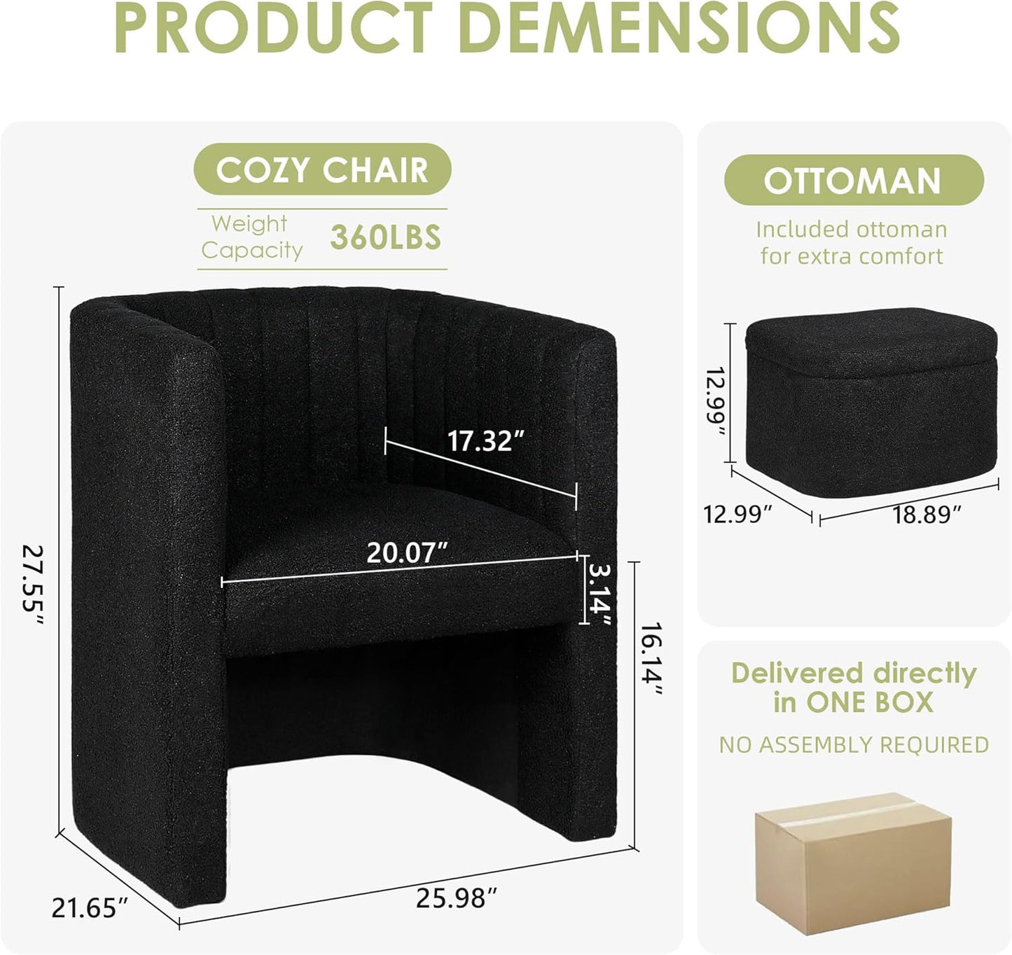 STHOUYN Barrel Accent Chair with Storage Ottoman, Comfy Reading Chair with Ottoman, Bedroom Corner Chair Bucket Arm Chairs, Living Room Chairs (2, Black)