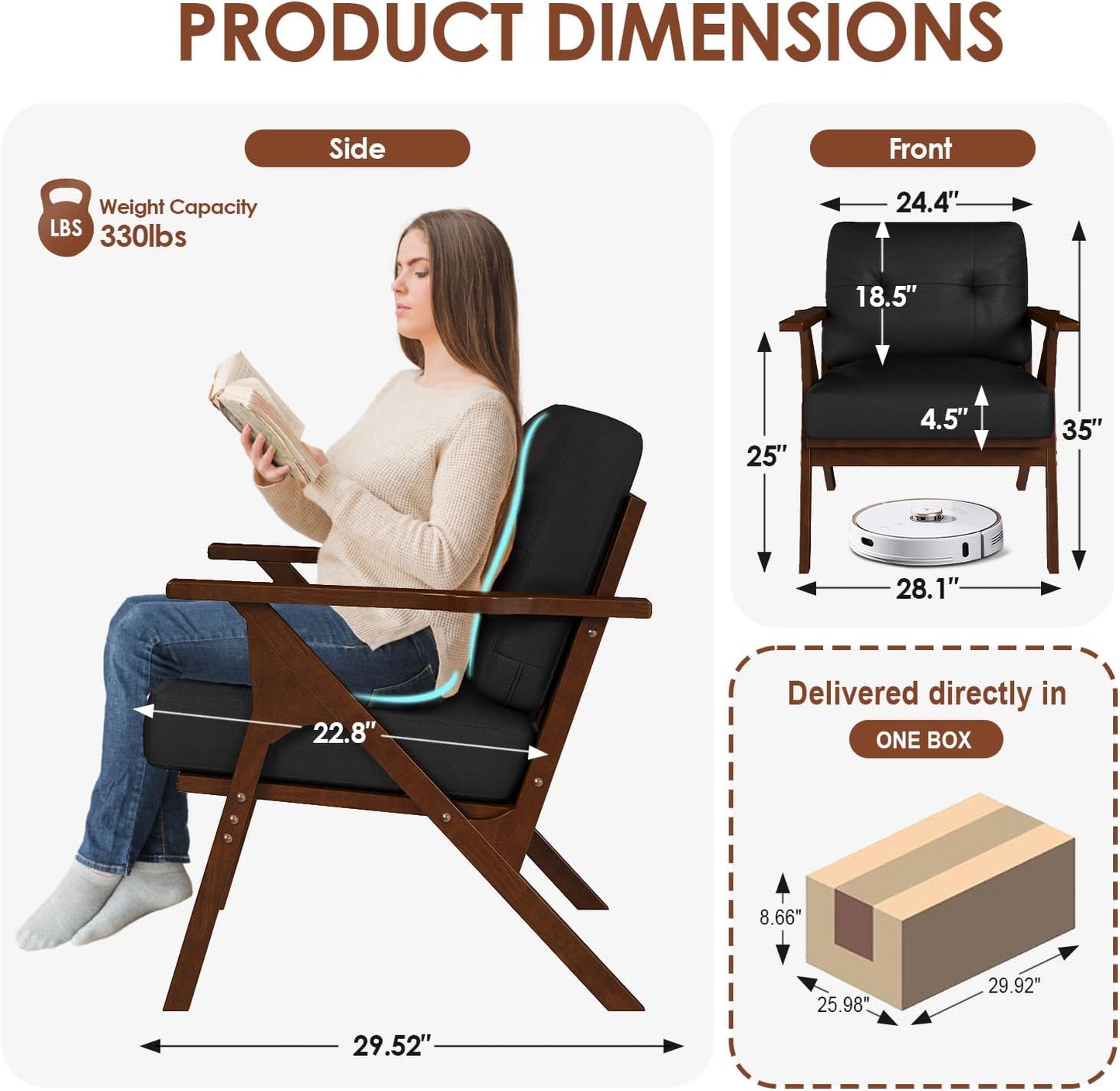 JIASTING Black Leather Accent Chair Set of 2, Mid Century Modern Accent Chair, Office Guest Waiting Room Chairs for Living Room, Bedroom, Wood Frame & Easy Assembly (2)