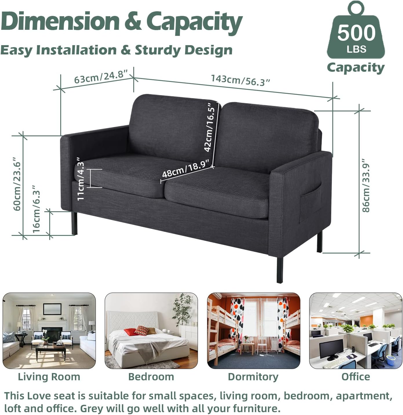 STHOUYN 56" W Fabric Love Seat Couches w/2 USB, Small Couches for Small Spaces w/ 2 Side Pocket, 2 Seat Loveseat Mini Couch for Office, Dorm, Bedroom