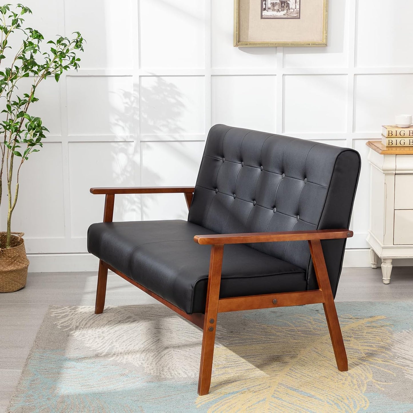 JIASTING Mid-Century Modern Solid Loveseat Sofa Upholstered Faux Leather Couch 2-Seat Wood Armchair Living Room/Outdoor Lounge Chair, Waiting Room Sofa, 50”W