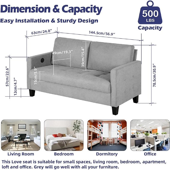 Coewske 57"W Living Room Loveseat Sofa with USB 2 Seater Tufted Deep Love Seat Couches, Light Grey