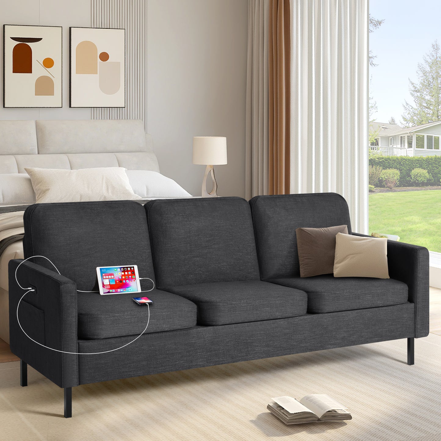 STHOUYN 72" W 3 Seater Couch with 2 USB, Comfy Grey Couch with 2 Pockets, Living Room Sofas with Reinforced Steel Frame, Cheap Sofas for Small Spaces, Dorm, Bedroom