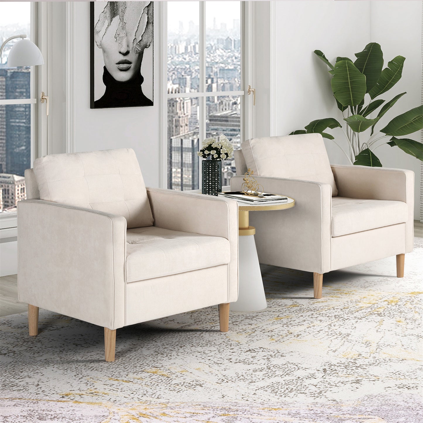 STHOUYN Accent Chair Set of 2, Living Room Chairs w/ Solid Wood Legs, Mid Century Modern Reading Chair for Bedroom, Upholstered Comfy Armchair, Single Sofa for Waiting Room, White(2)
