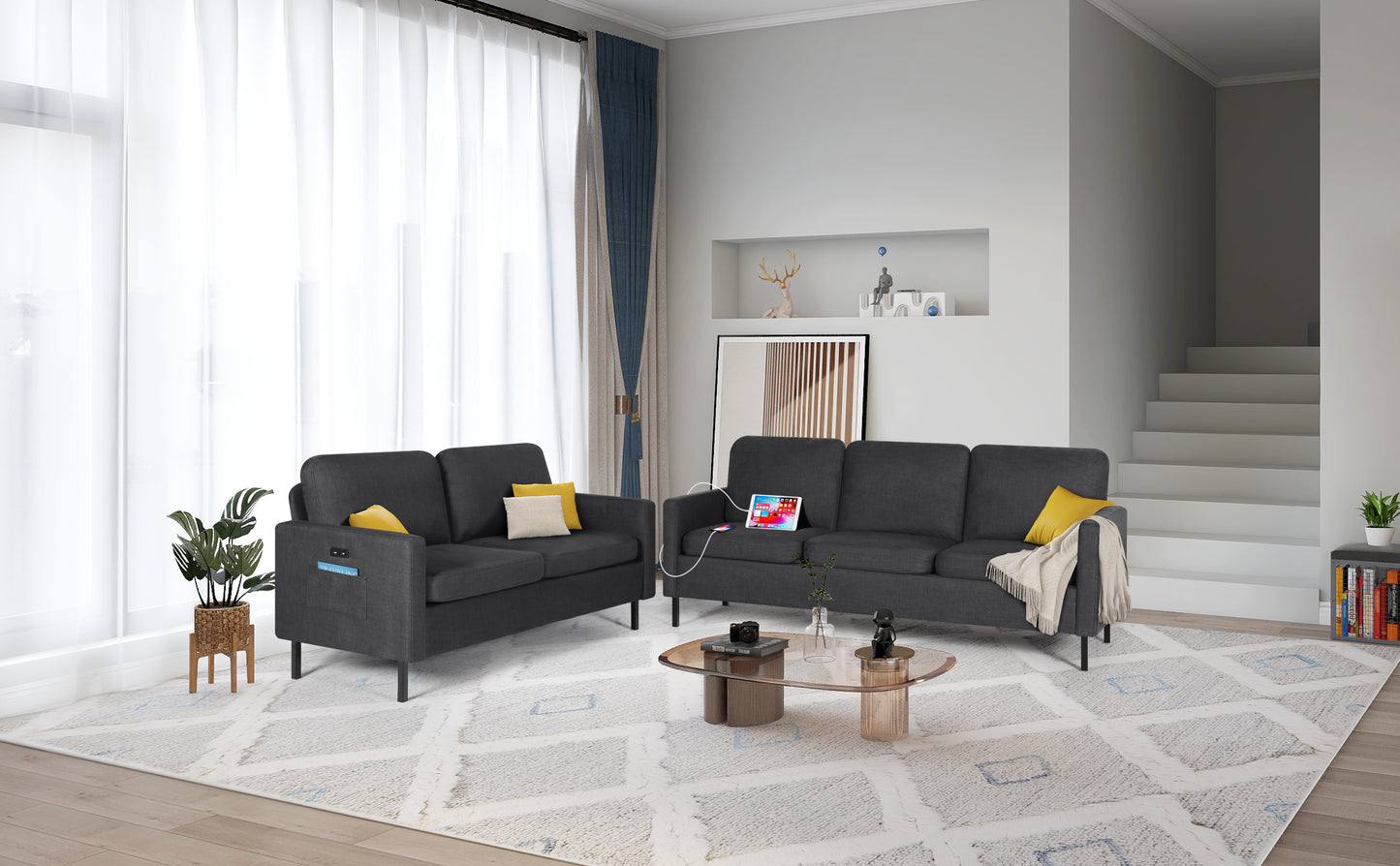 STHOUYN 72" W 3 Seater Couch with 2 USB, Comfy Grey Couch with 2 Pockets, Living Room Sofas with Reinforced Steel Frame, Cheap Sofas for Small Spaces, Dorm, Bedroom