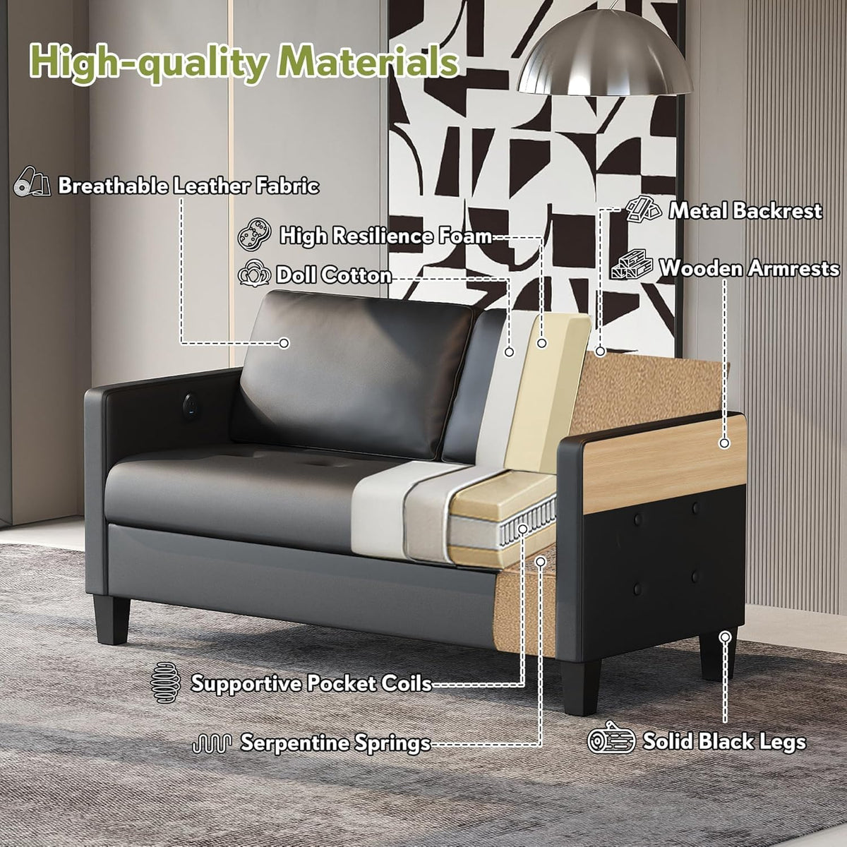 STHOUYN 59” Black Faux Leather Loveseat, 2 Seater Sofa Couch for Living Room