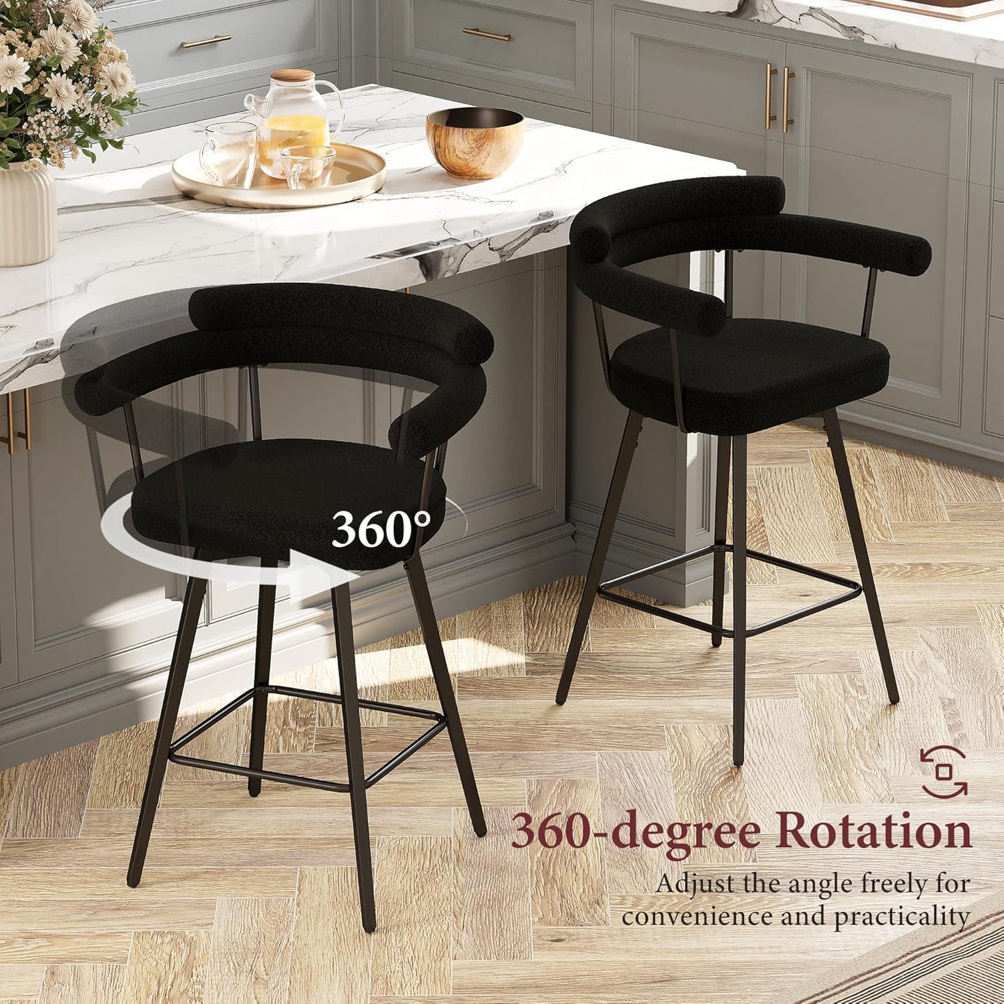 STHOUYN 26” Swivel Bar Stools Set of 2, Black Modern Boucle Counter Height Bar Stools with High Back and Metal Legs, Upholstered Bar Chairs Barstools for Kitchen Island, Dining Room (2, Black)