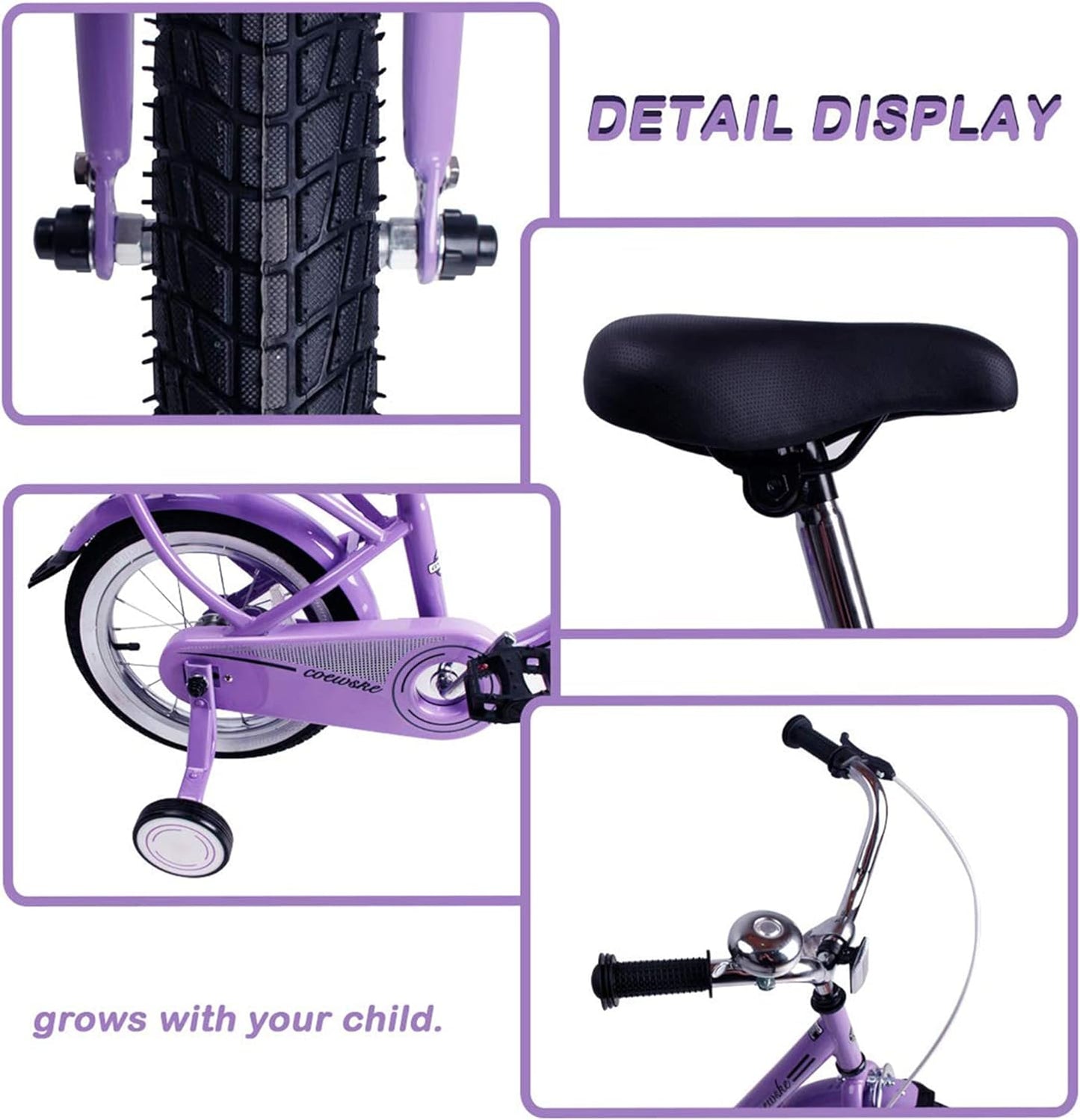 COEWSKE Kid's Bike Steel Frame Children Bicycle 14 Inch with Training Wheel, Purple