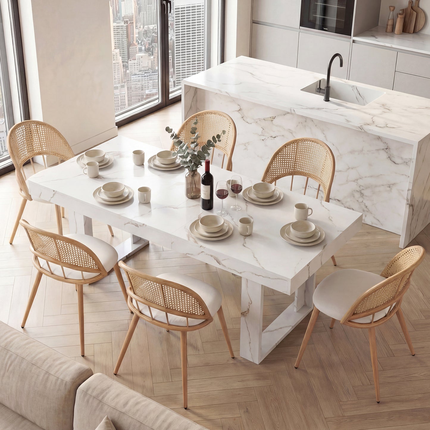 STHOUYN 71"-87" White Marble Extendable Dining Room Table Set with 6 Upholstered Chairs, Rectangular Expandable Retractable Kitchen Table and Chairs Set of 6 (71"-87" White Table + 6 White Chairs)