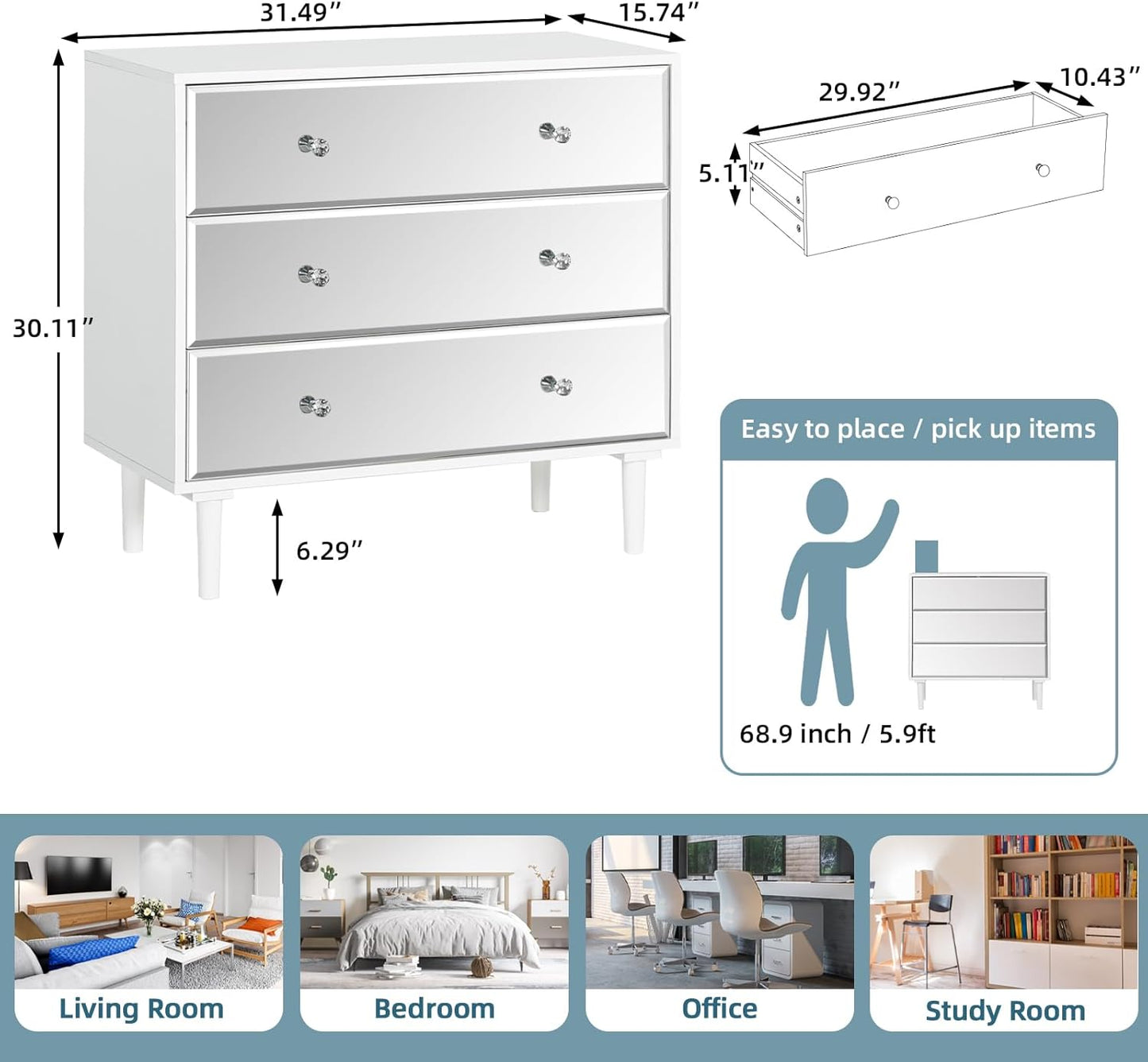 STHOUYN 3 Chest of Drawers for Bedroom Wood, White Mirrored Dresser 3 Drawer for Bedroom, Small Modern Dresser for Closet Living Room (White)