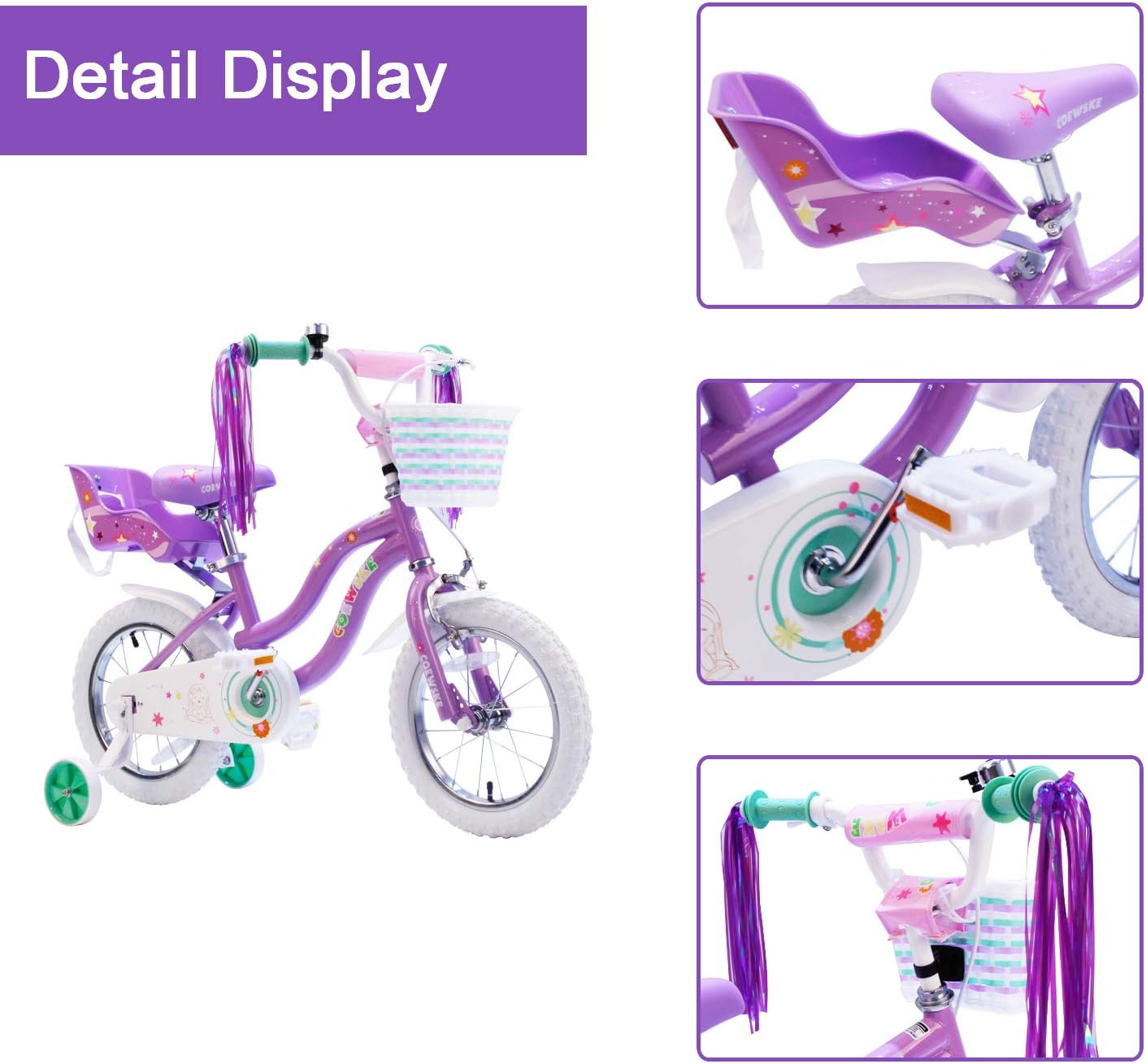 COEWSKE Kid's Bike Steel Frame Children Bicycle Little Princess Style 16 Inch with Training Wheel, Light Purple