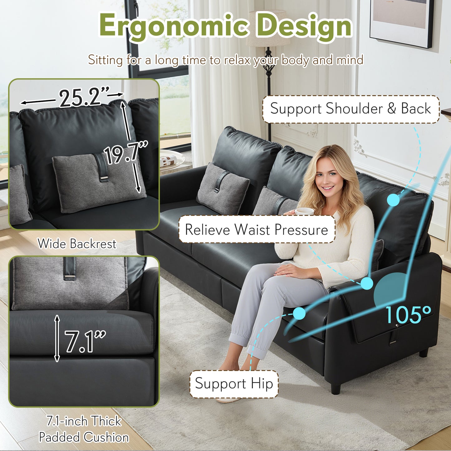 STHOUYN 88” Faux Leather Couch for Living Room, Black Office Couch Small Space, Comfy 3 Seater Couches Leather Sofa with High Backrest (Black)
