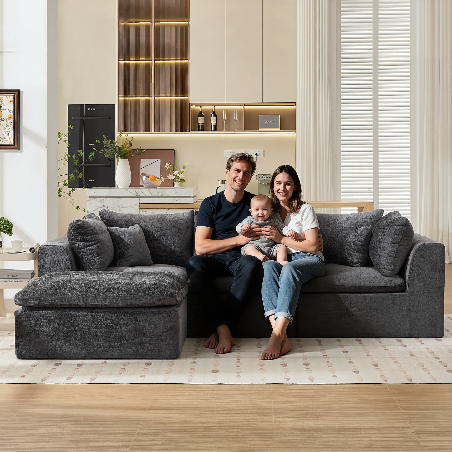 STHOUYN 113” Modern Grey Boneless Sectional Couches for Living Room, Grey Modular L Shape Cloud Sofa Couch with Ottoman, Comfy Big Oversized Corner Couch (Grey, 3 Seater + 1 Ottoman)