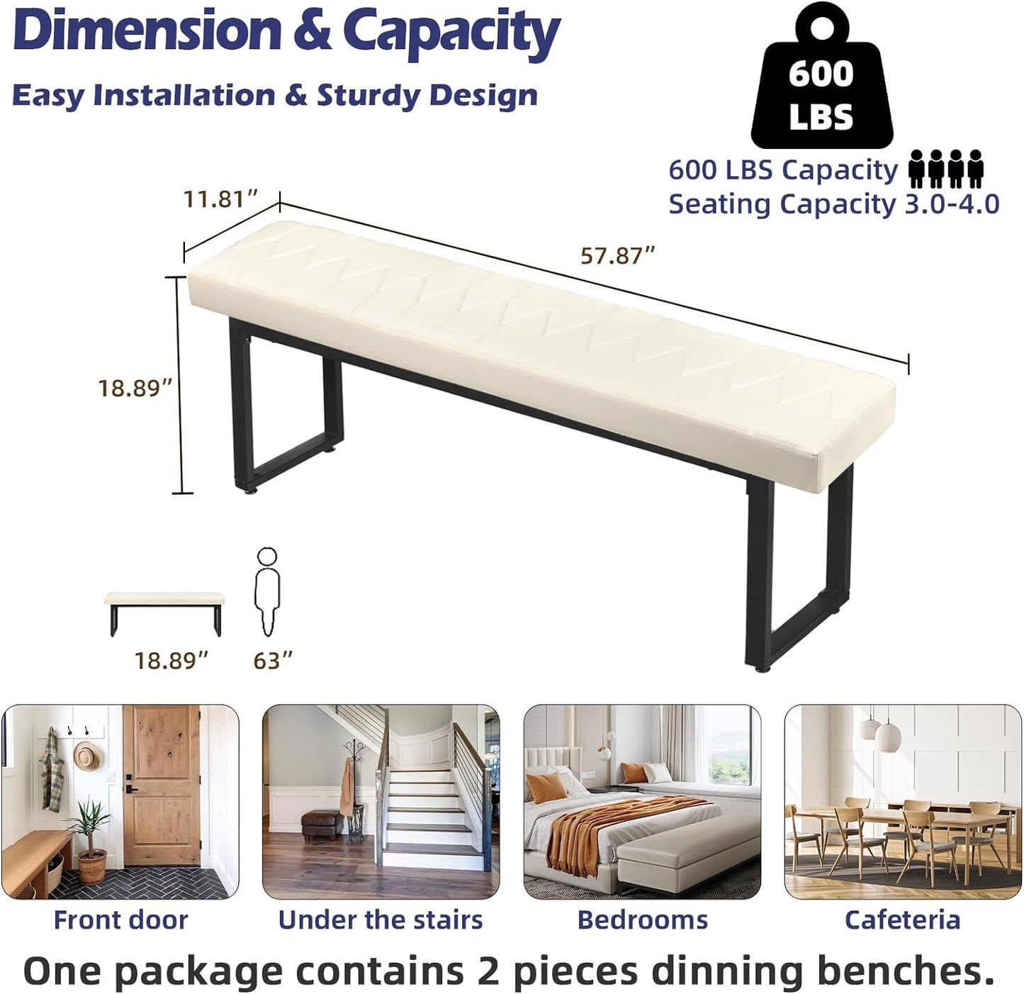 STHOUYN 58” Padded Dining Table Bench Pair of 2 for 6-8 Person, Faux Leather Indoor Cushioned Bench, Extra Long Bench for Dining Room Table, Bedside Bench, Shoe Bench, Entryway Bench (White, 58")