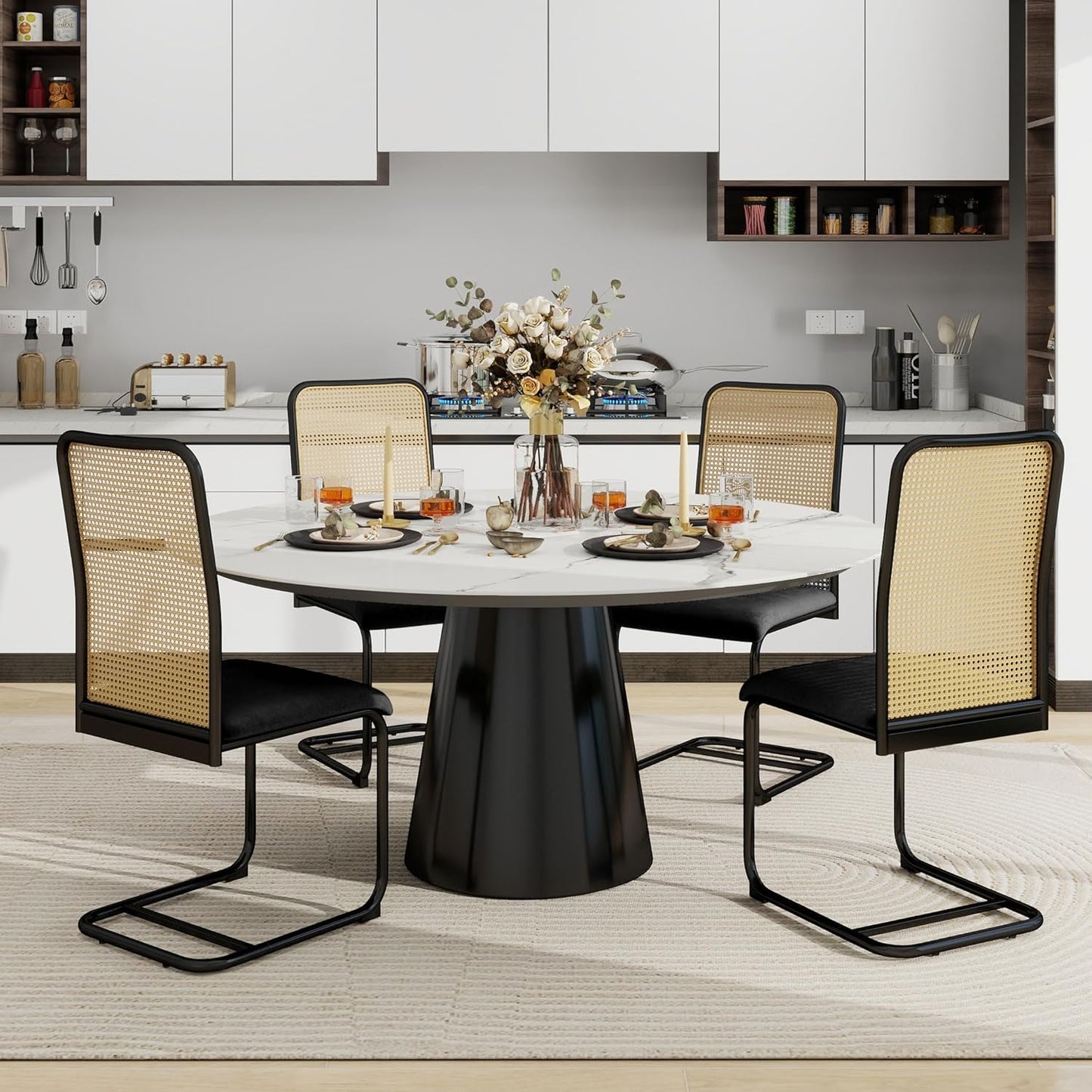 STHOUYN Velvet Rattan Dining Chairs Set of 4, Mid Century Modern Dining Chairs Set of 4, Black Kitchen Chairs Dining Room Chair with Metal Legs & Cane Back