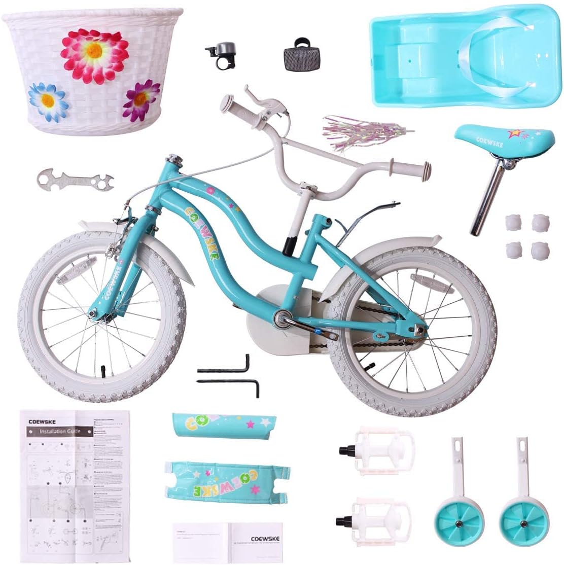 COEWSKE Kid's Bike Steel Frame Children Bicycle Little Princess Style 18 Inch with Training Wheel, Blue